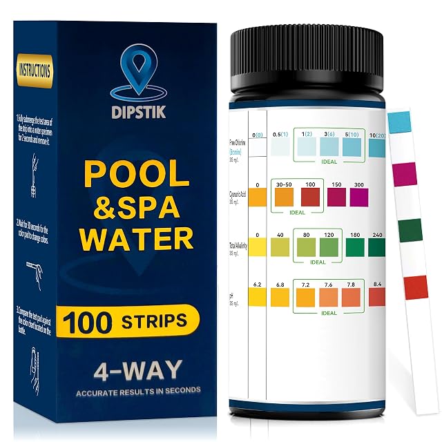 DIPSTIK 3-in-1 pool test strips, 100 in a bottle with a colour chart