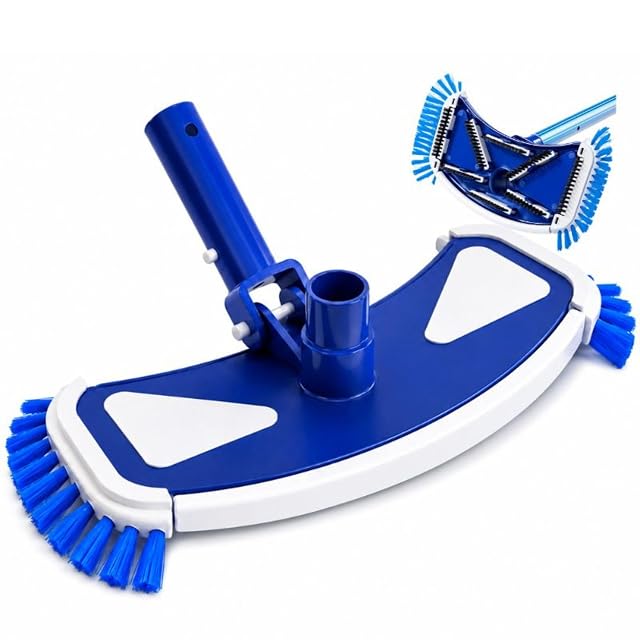 Blue and white Arebos pool floor vacuum brush with side bristles and a clip fitting