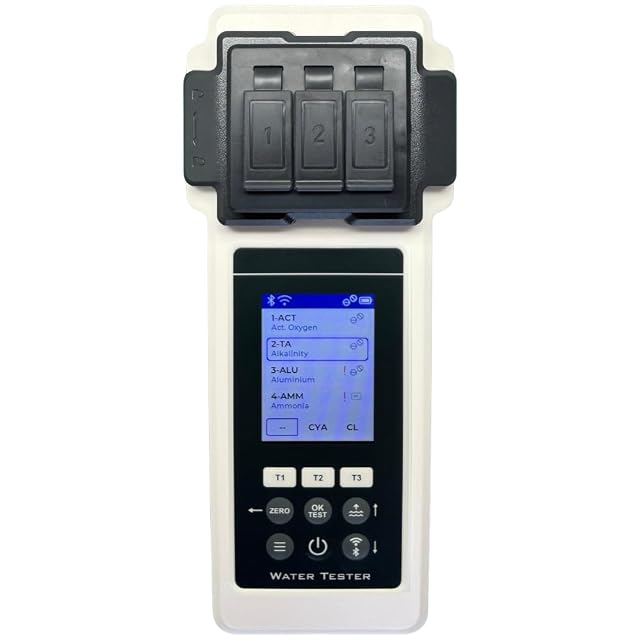 Amblior PoolLab 2.0 set with a hard storage case and a water level adjuster tool beside the photometer