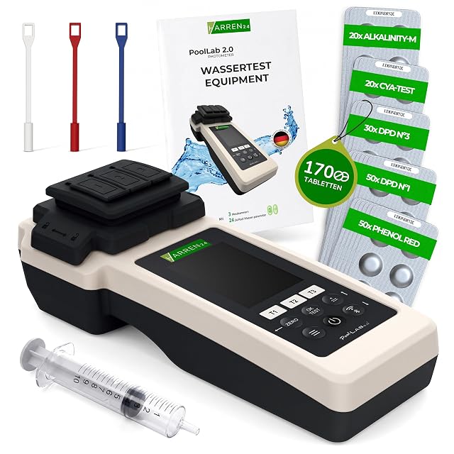 harren24 PoolLab 2.0 photometer kit with three cuvettes, a sun cap, syringe, stirrers and reagent tablets
