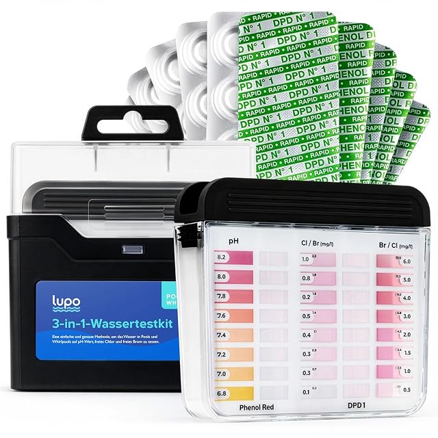 Lupo 3-in-1 pool water test kit with a two-chamber comparator, tablets and a storage box